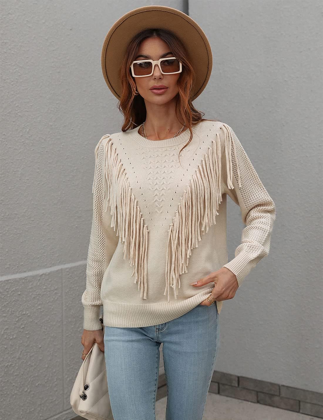 Unilexi Womens Long Sleeve Solid Color Crew Neck Sweater Loose Front Fringe Knit Tops