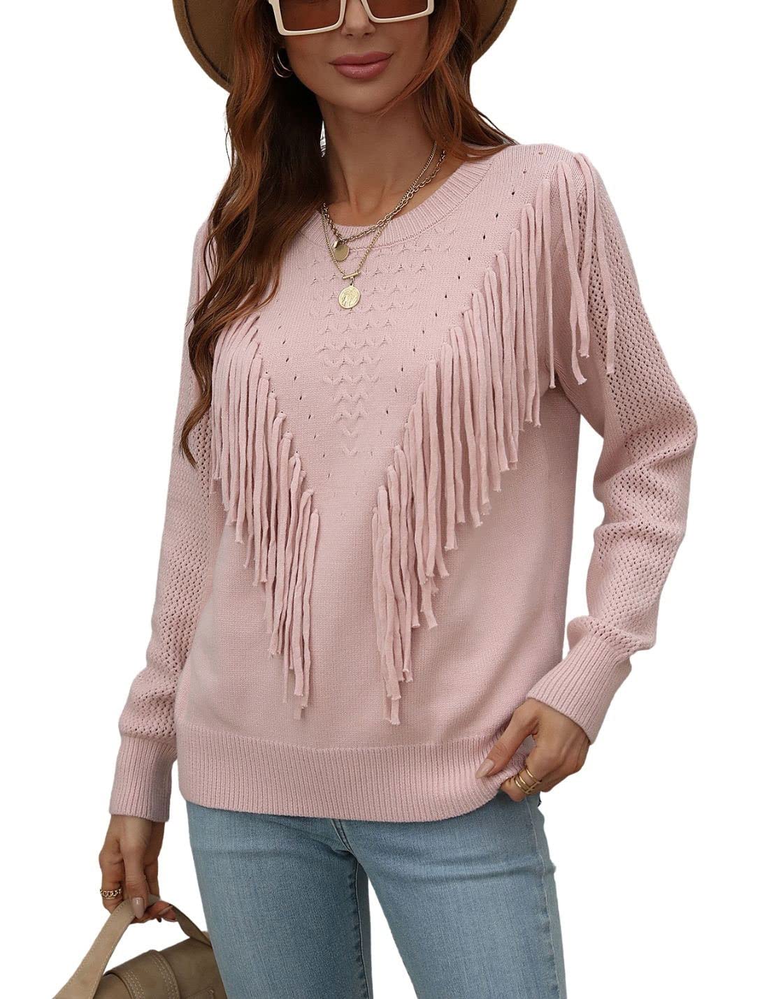 Unilexi Womens Long Sleeve Solid Color Crew Neck Sweater Loose Front Fringe Knit Tops