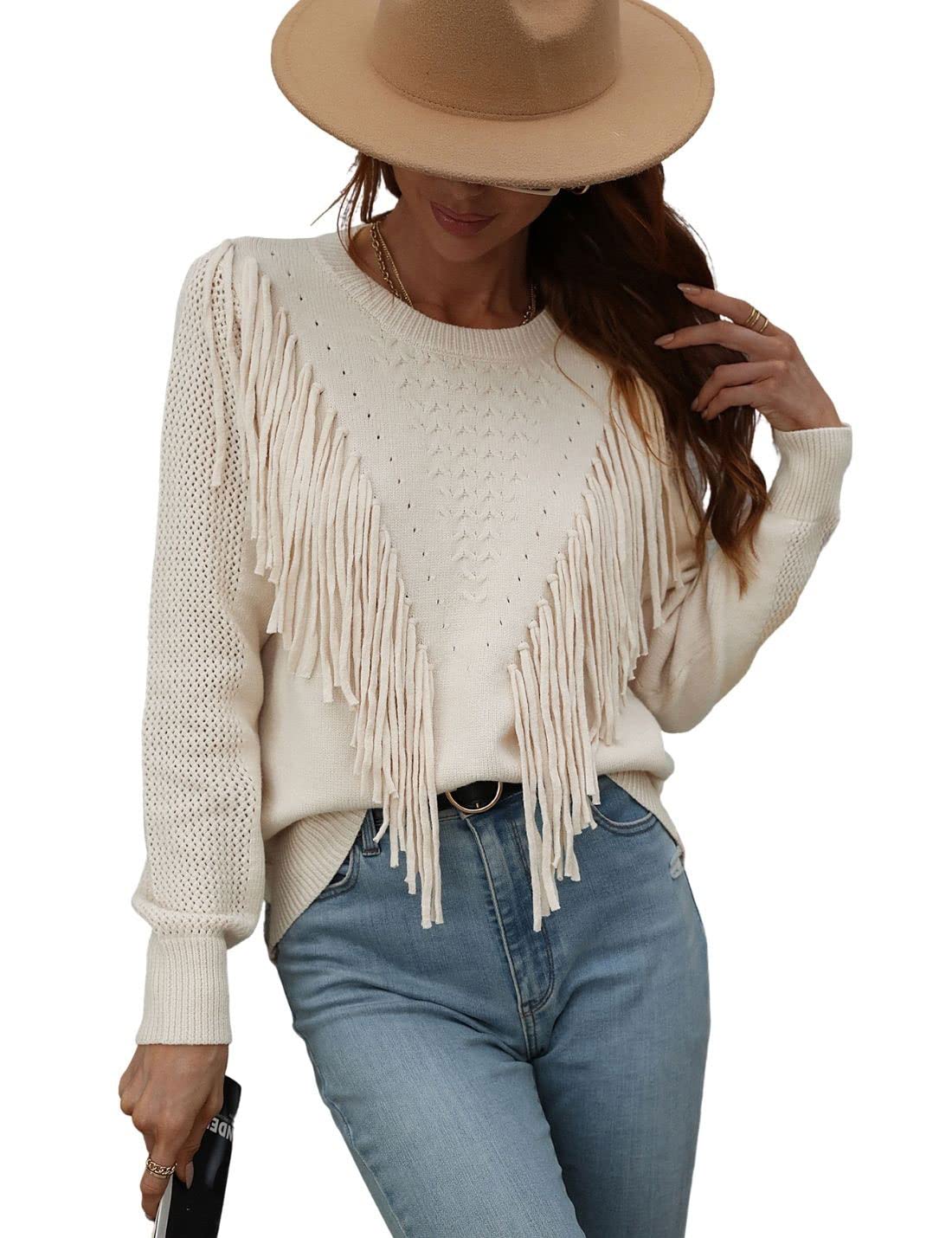 Unilexi Womens Long Sleeve Solid Color Crew Neck Sweater Loose Front Fringe Knit Tops