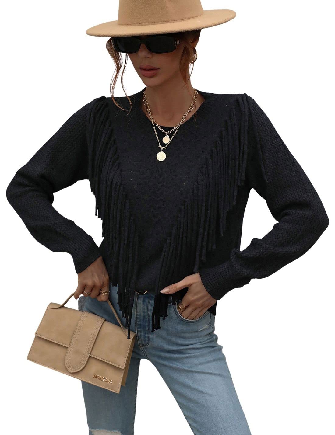 Unilexi Womens Long Sleeve Solid Color Crew Neck Sweater Loose Front Fringe Knit Tops