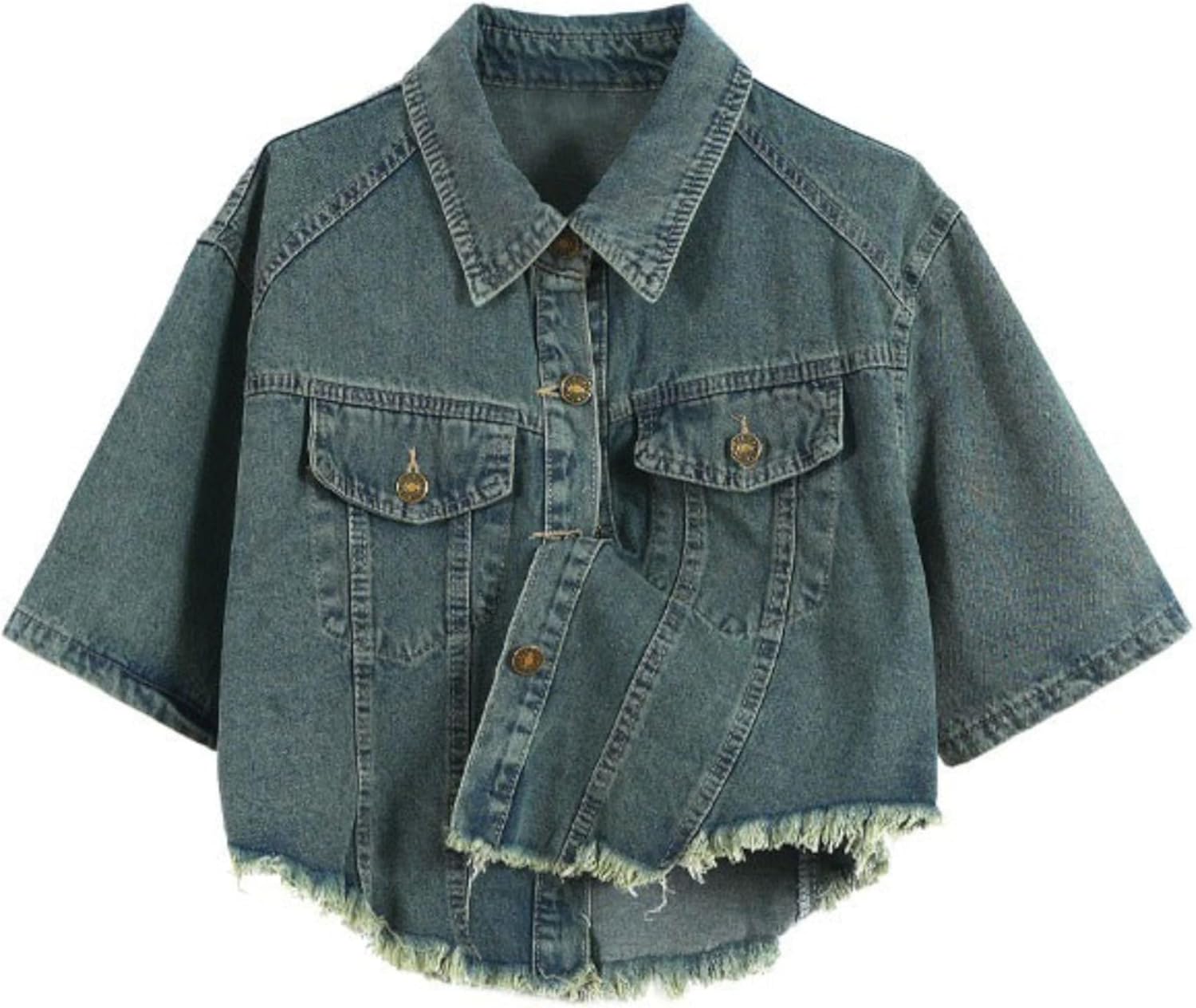 Unilexi Womens Loose and Versatile High Waist Cropped Denim Jacket Short Sleeve Distressed Frayed Fashion Overcoat