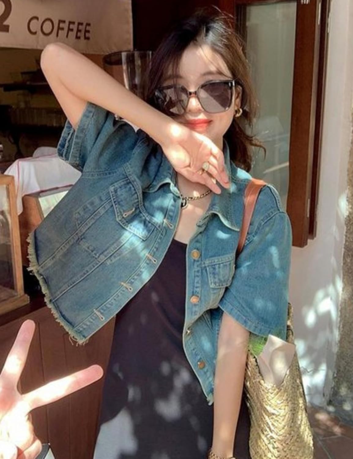 Unilexi Womens Loose and Versatile High Waist Cropped Denim Jacket Short Sleeve Distressed Frayed Fashion Overcoat