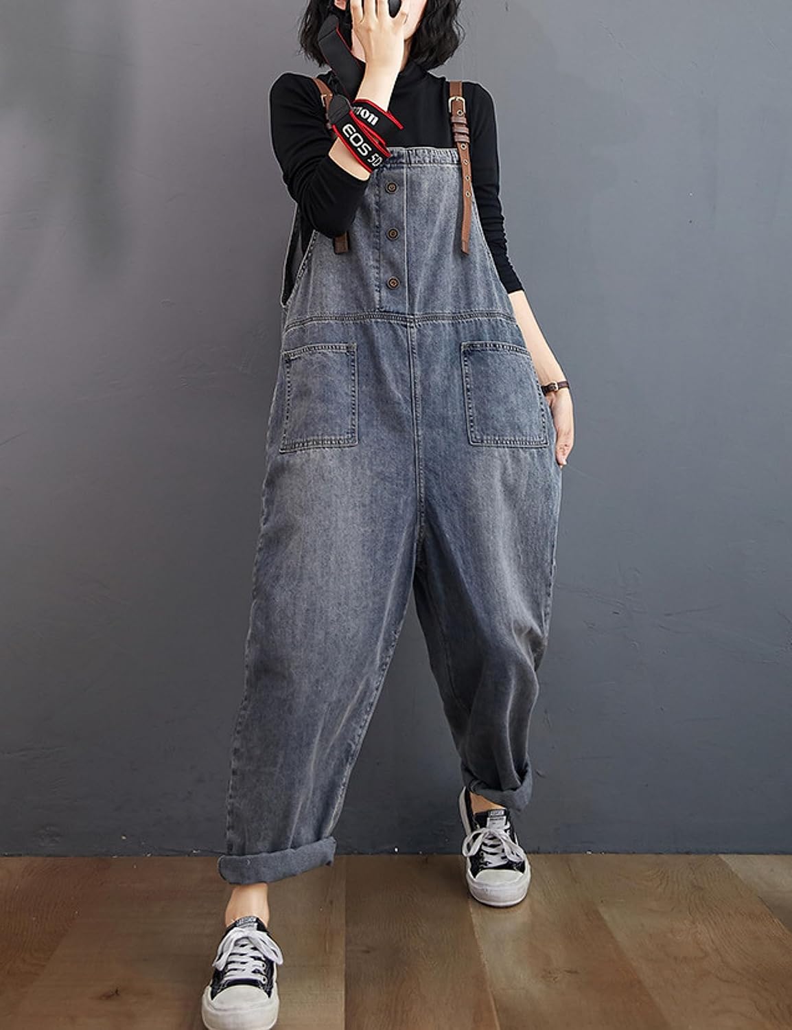 Unilexi Women’s Loose Baggy Adjustable Straps Wide Leg Jean Overalls Bib Pants Casual Cropped Denim Jumpsuit