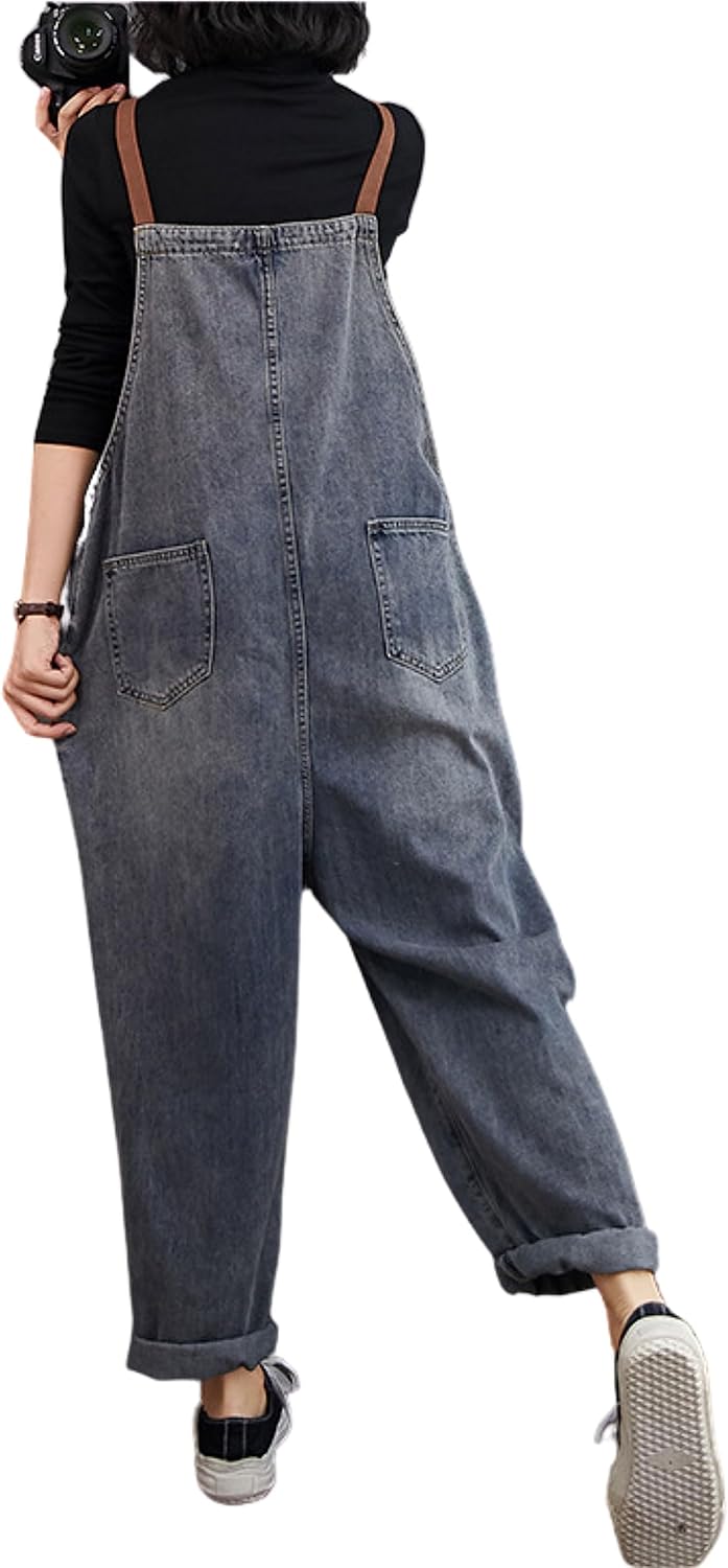 Unilexi Women’s Loose Baggy Adjustable Straps Wide Leg Jean Overalls Bib Pants Casual Cropped Denim Jumpsuit