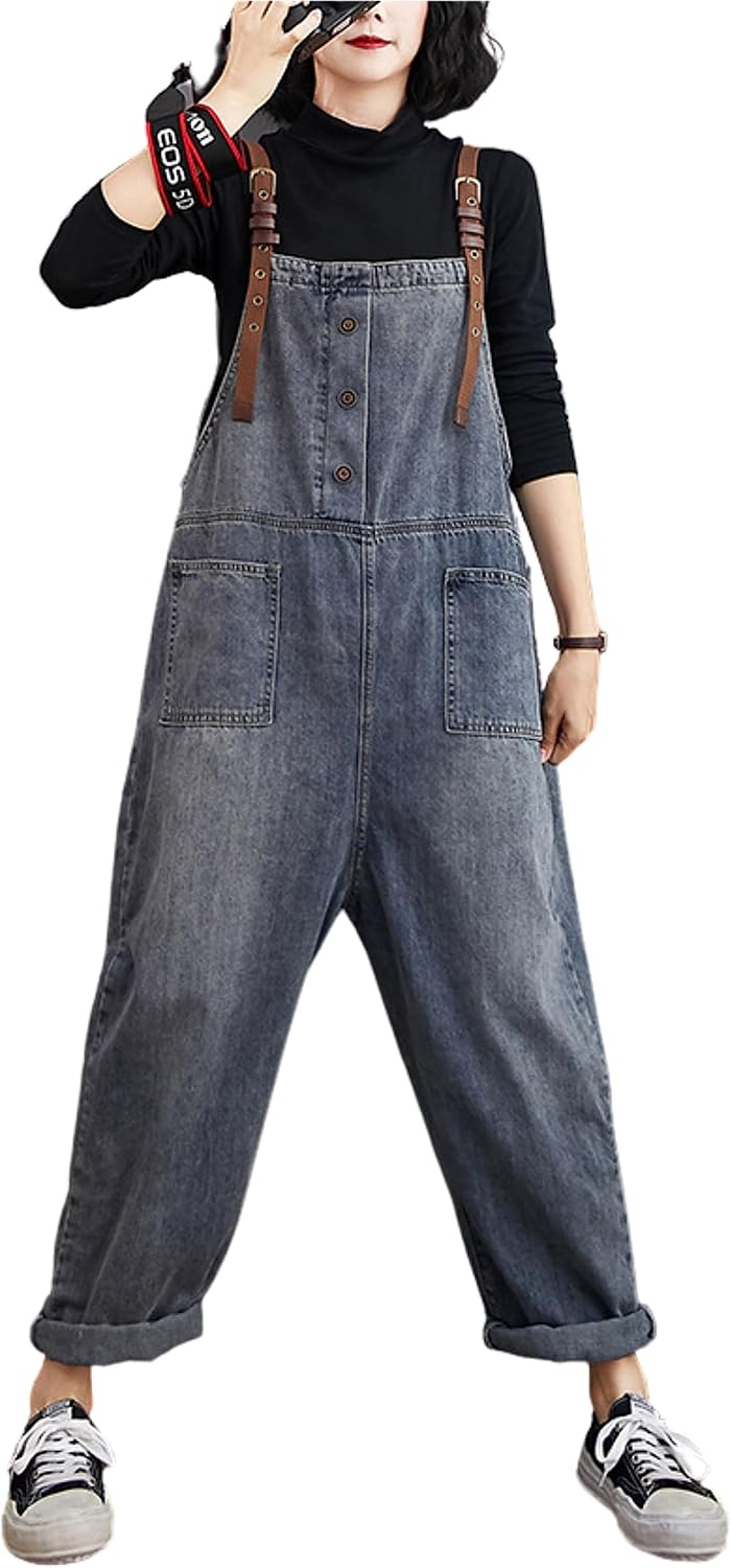 Unilexi Women’s Loose Baggy Adjustable Straps Wide Leg Jean Overalls Bib Pants Casual Cropped Denim Jumpsuit