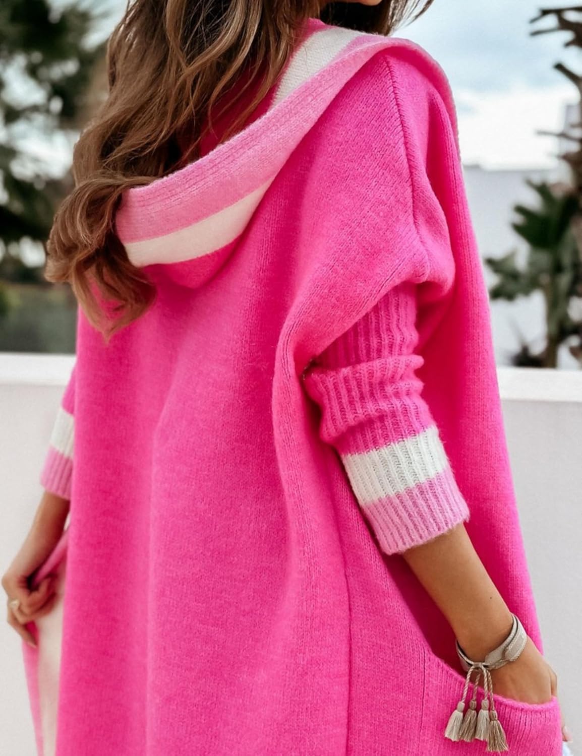 Unilexi Womens Loose Colorful Long Cardigan Sweater Oversized Striped Open Front Hooded with Pockets