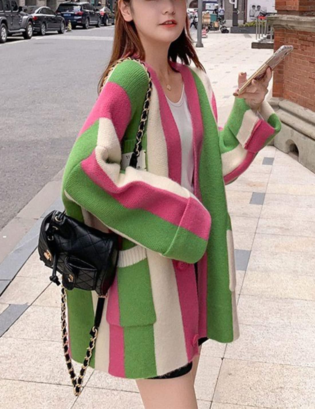 Unilexi Womens Loose Long Sleeve Rainbow Striped Cardigans Sweater Boho Color Block Chunky Knitted Tops