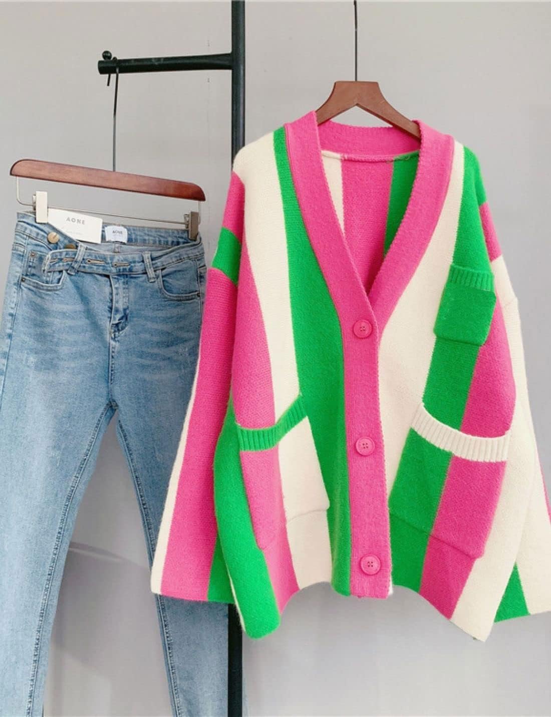 Unilexi Womens Loose Long Sleeve Rainbow Striped Cardigans Sweater Boho Color Block Chunky Knitted Tops