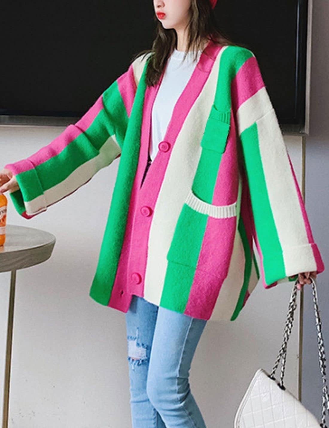 Unilexi Womens Loose Long Sleeve Rainbow Striped Cardigans Sweater Boho Color Block Chunky Knitted Tops