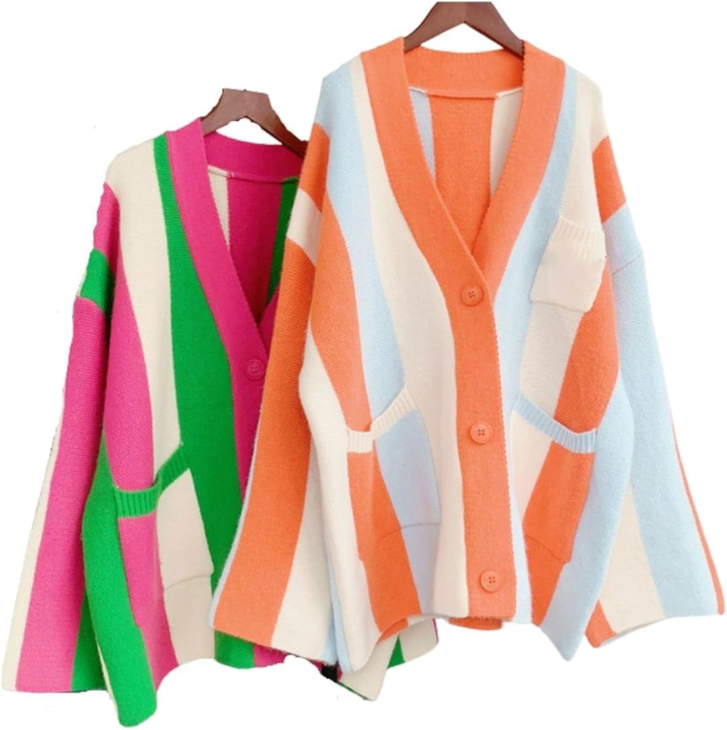 Unilexi Womens Loose Long Sleeve Rainbow Striped Cardigans Sweater Boho Color Block Chunky Knitted Tops