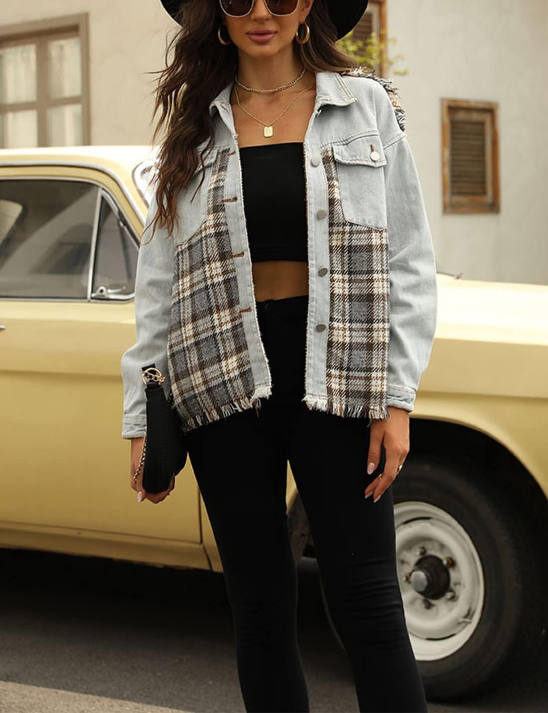 Unilexi Womens Loose Paneled Plaid Denim Jacket Long Sleeve Raw Hem Jean Shacket