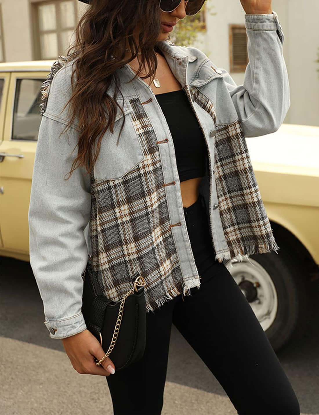 Unilexi Womens Loose Paneled Plaid Denim Jacket Long Sleeve Raw Hem Jean Shacket