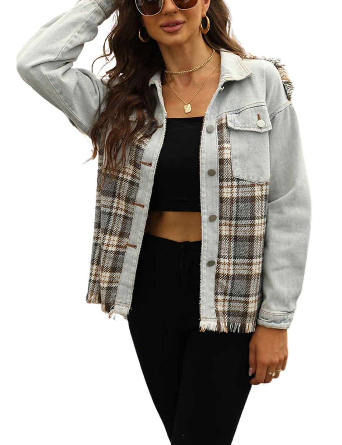 Unilexi Womens Loose Paneled Plaid Denim Jacket Long Sleeve Raw Hem Jean Shacket