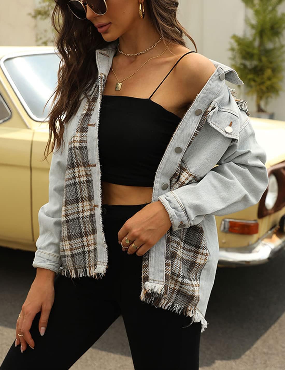 Unilexi Womens Loose Paneled Plaid Denim Jacket Long Sleeve Raw Hem Jean Shacket