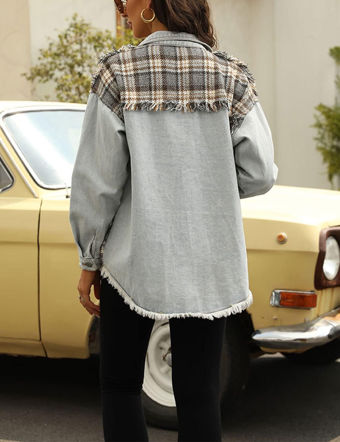 Unilexi Womens Loose Paneled Plaid Denim Jacket Long Sleeve Raw Hem Jean Shacket