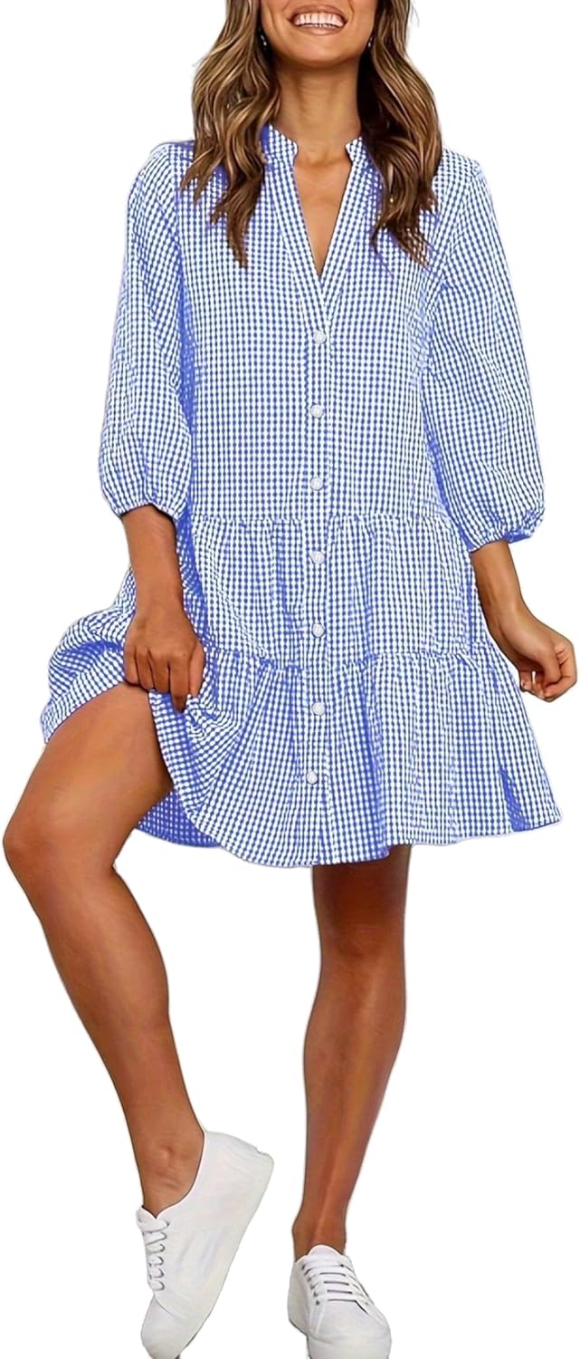 Unilexi Womens Loose Plaid Shirt Dress Button Down V-Neck Trendy Gingham Dress with Tiered Bottom for Women