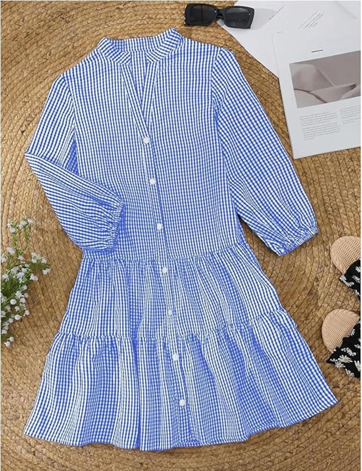 Unilexi Womens Loose Plaid Shirt Dress Button Down V-Neck Trendy Gingham Dress with Tiered Bottom for Women