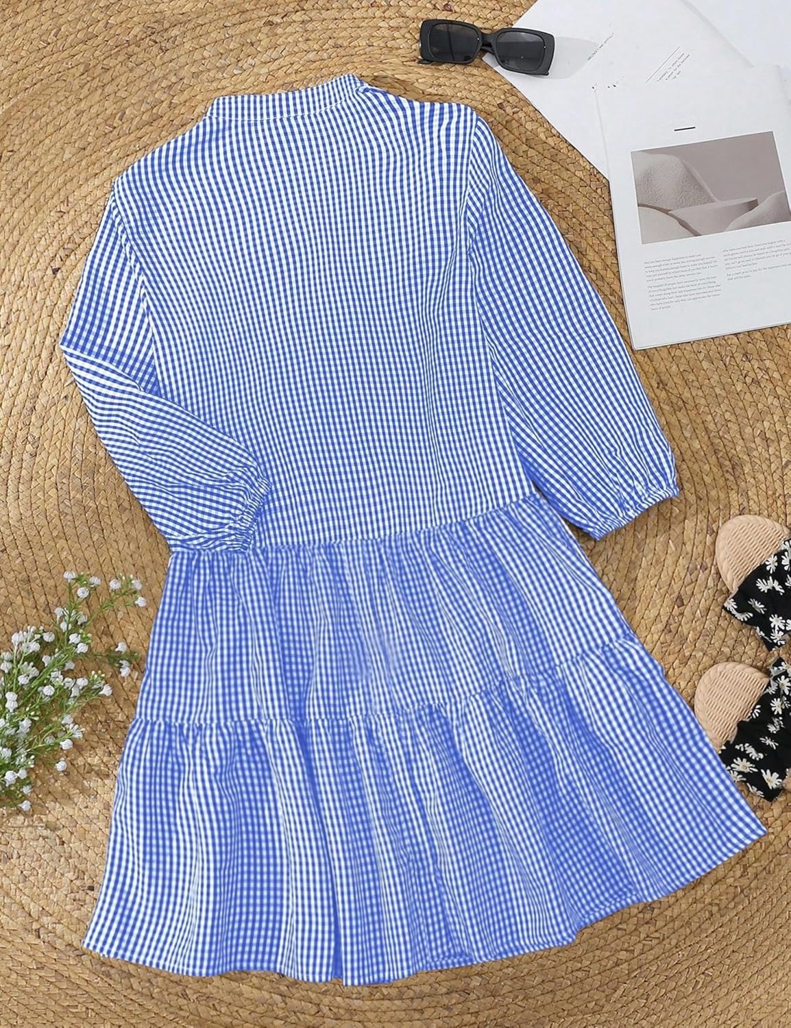 Unilexi Womens Loose Plaid Shirt Dress Button Down V-Neck Trendy Gingham Dress with Tiered Bottom for Women