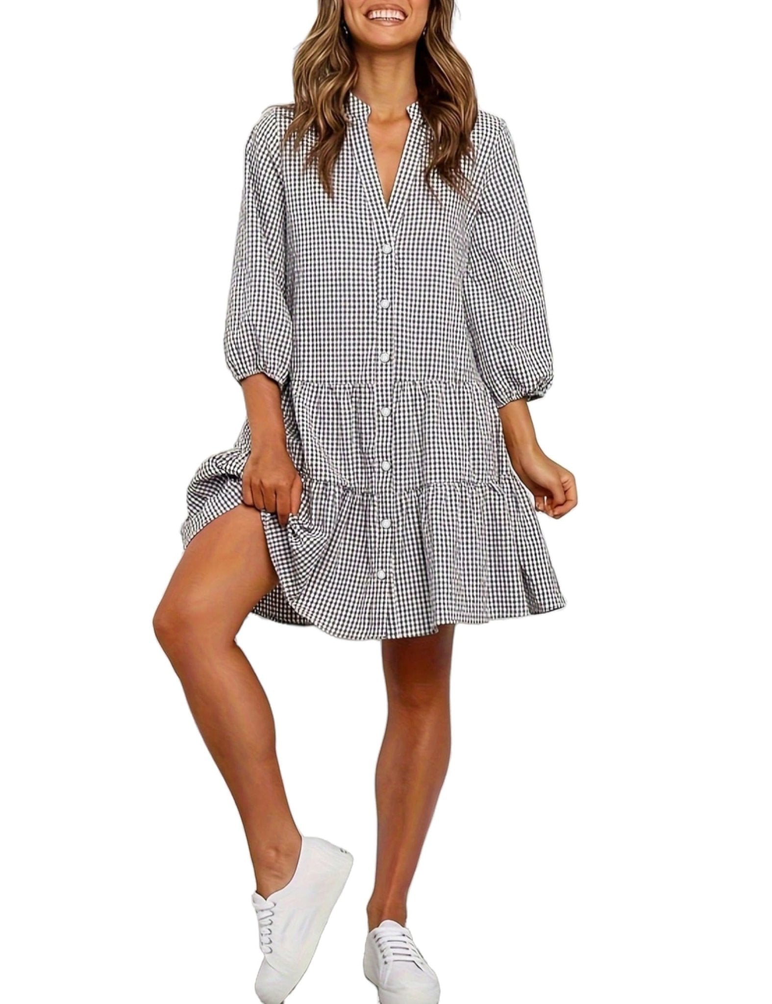 Unilexi Womens Loose Plaid Shirt Dress Button Down V-Neck Trendy Gingham Dress with Tiered Bottom for Women