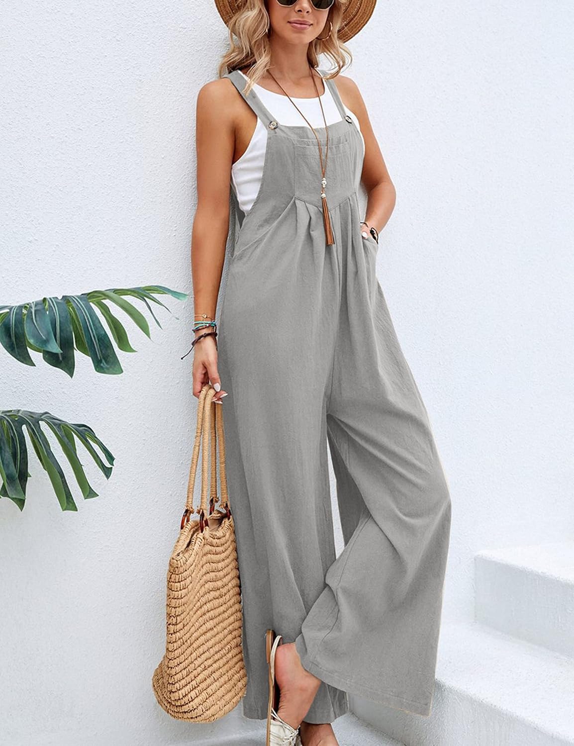 Unilexi Women’s Loose Wide Leg Bib Jumpsuits Button Baggy Overalls with Pockets