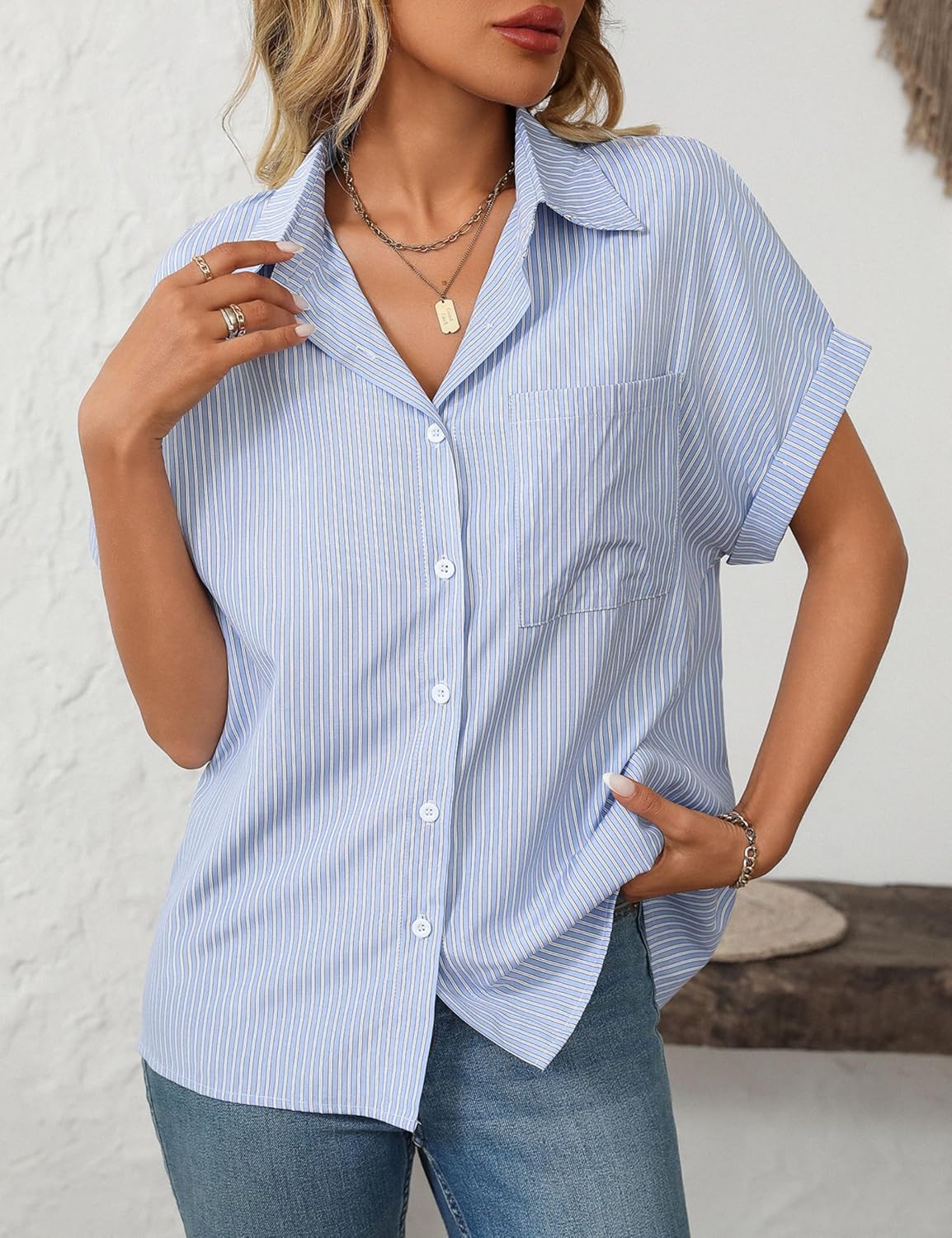 Unilexi Womens Striped Button Down Shirts Short Sleeve Business Casual Tops for Women(S-XXL)