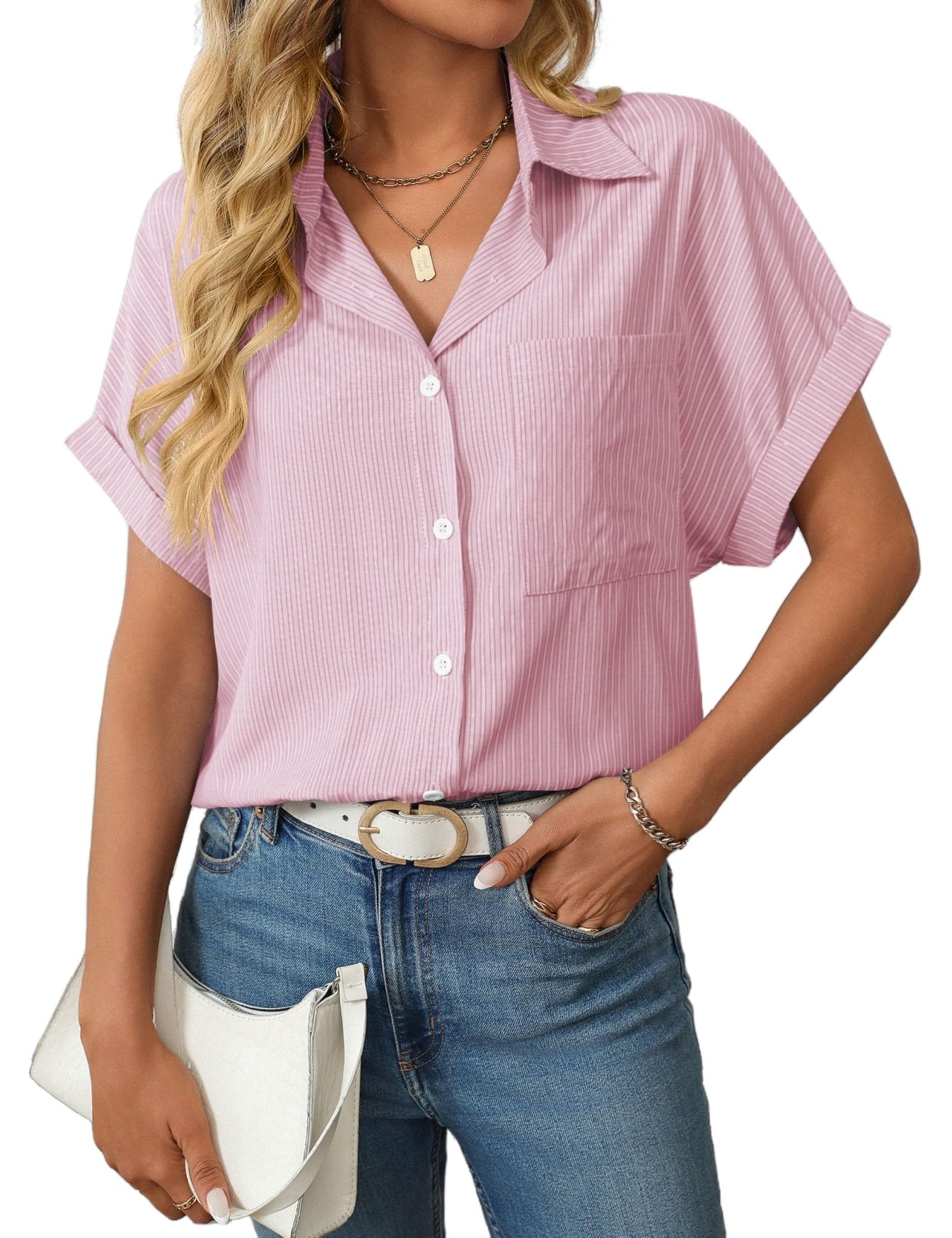 Unilexi Womens Striped Button Down Shirts Short Sleeve Business Casual Tops for Women(S-XXL)
