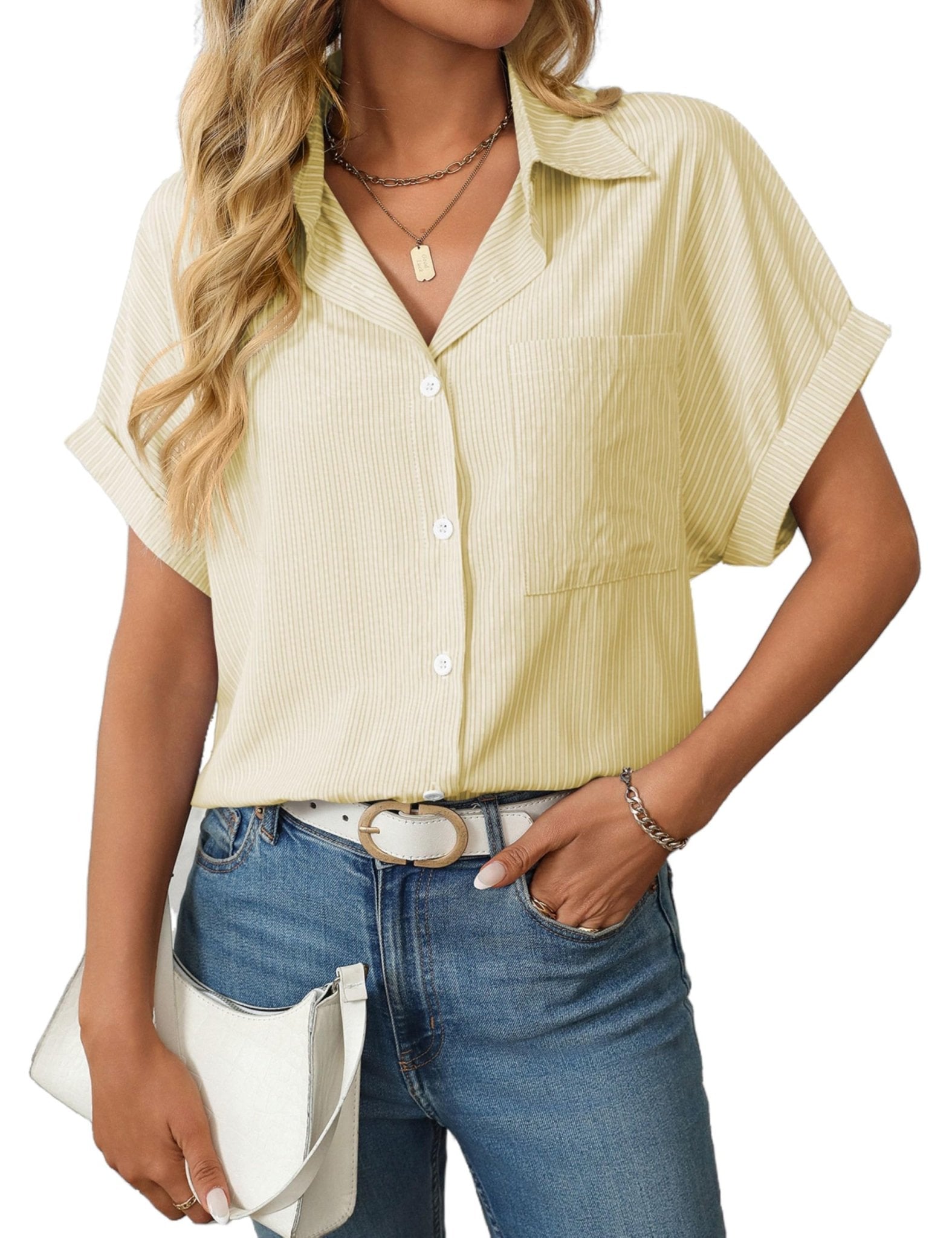 Unilexi Womens Striped Button Down Shirts Short Sleeve Business Casual Tops for Women(S-XXL)