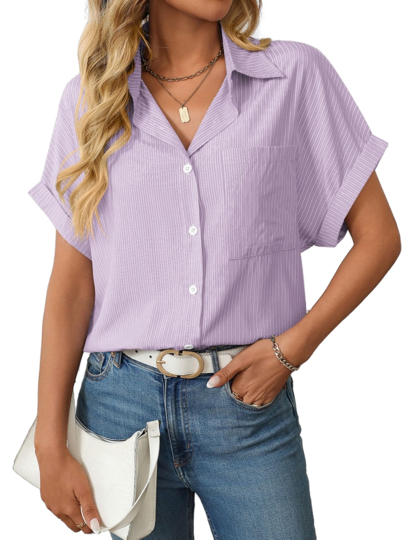 Unilexi Womens Striped Button Down Shirts Short Sleeve Business Casual Tops for Women(S-XXL)