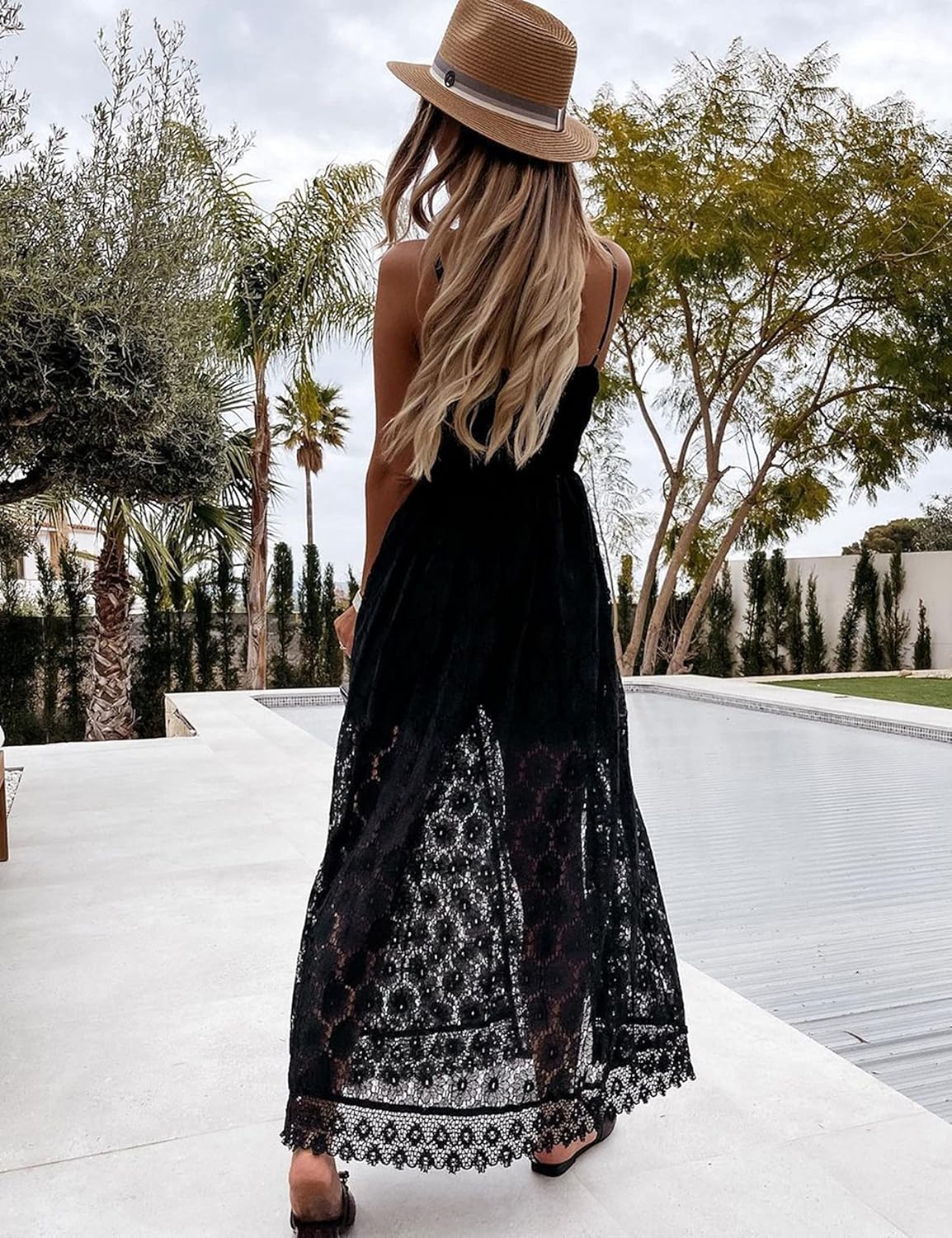 Unilexi Women’s Summer Spaghetti Strap Backless Jumpsuit Floral Lace Cover Up Rompers V-Neck White Beach Dress