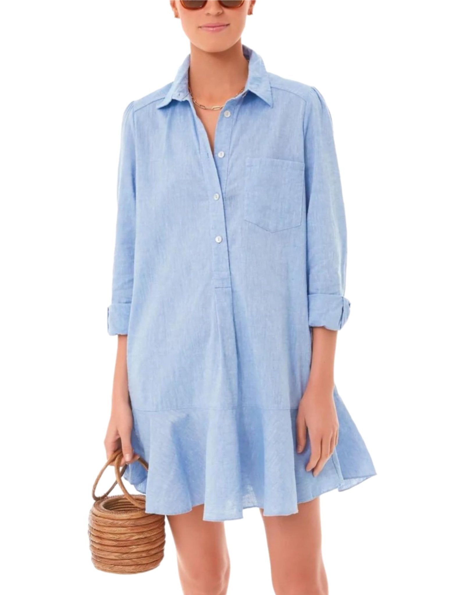 Unilexi Womens Trendy Collared Long Sleeve Shirt Dress Mini Shift Tunic Dress Ruffle Hem Blouses with Pockets