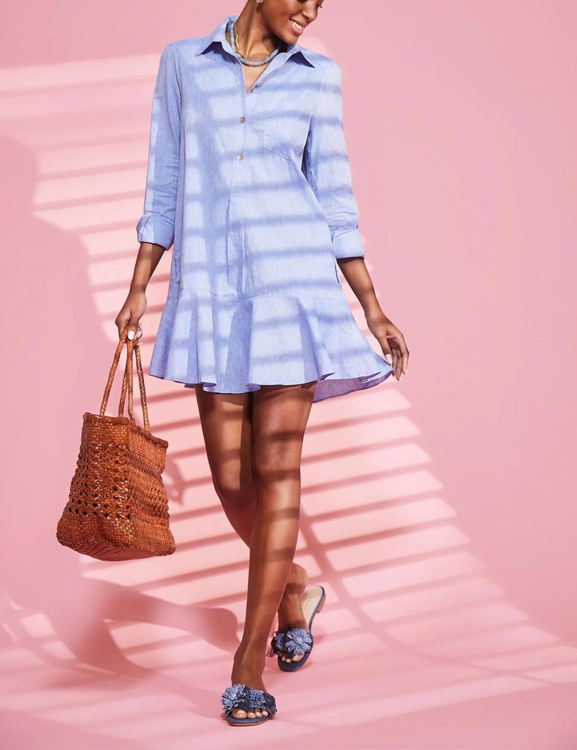 Unilexi Womens Trendy Collared Long Sleeve Shirt Dress Mini Shift Tunic Dress Ruffle Hem Blouses with Pockets