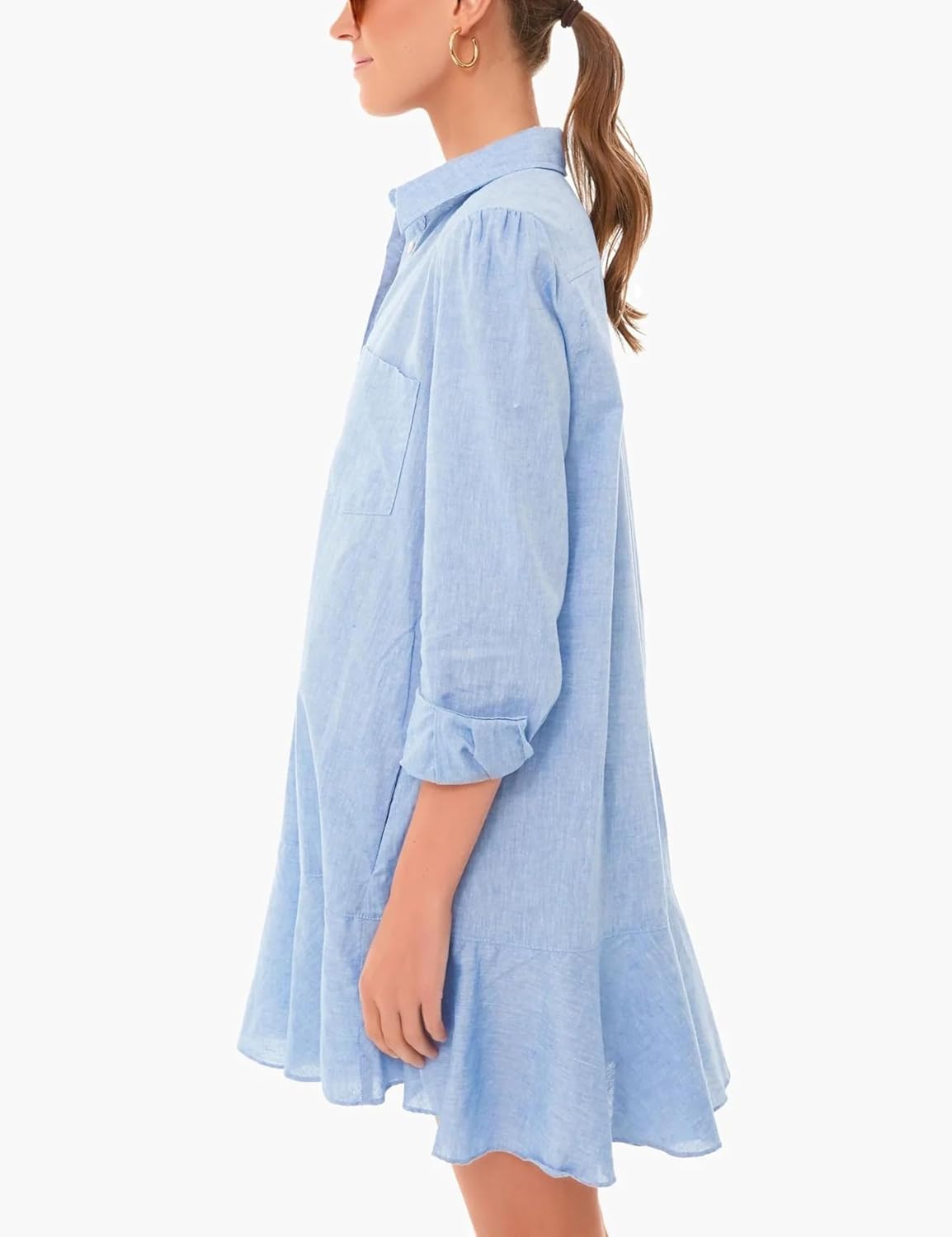 Unilexi Womens Trendy Collared Long Sleeve Shirt Dress Mini Shift Tunic Dress Ruffle Hem Blouses with Pockets