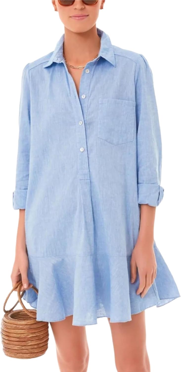 Unilexi Womens Trendy Collared Long Sleeve Shirt Dress Mini Shift Tunic Dress Ruffle Hem Blouses with Pockets