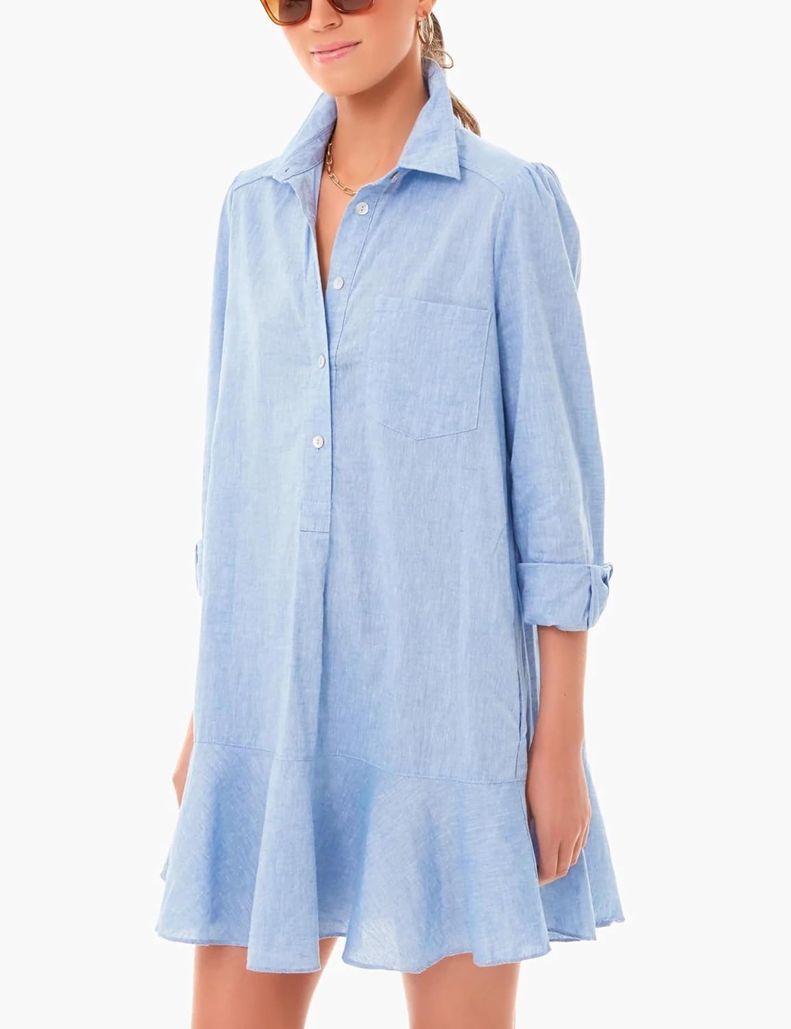 Unilexi Womens Trendy Collared Long Sleeve Shirt Dress Mini Shift Tunic Dress Ruffle Hem Blouses with Pockets