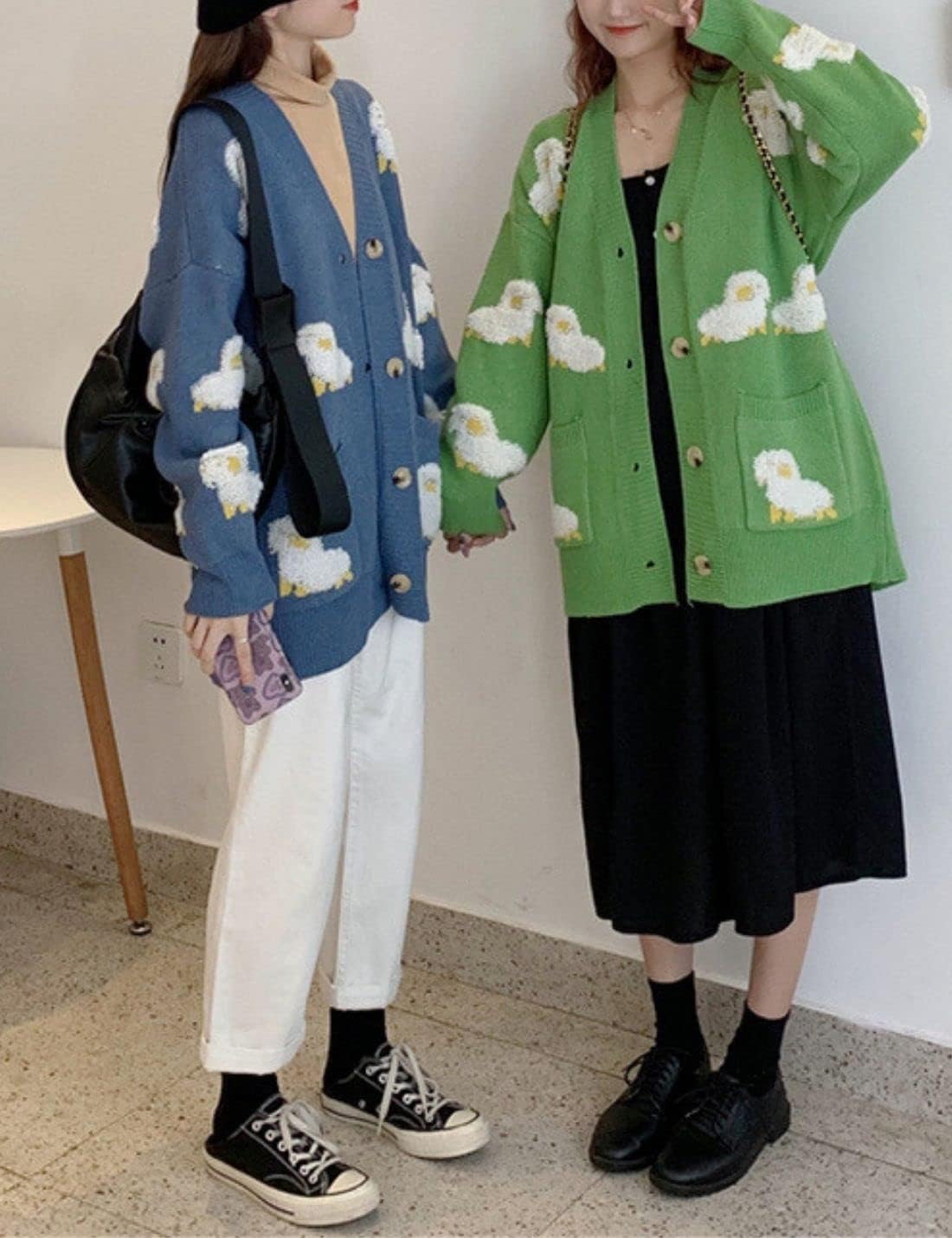 Unilexi Women's V Neck Button Long Sleeve Sweater Cartoon Sheep Cute Knitted Cardigan Coat with Pockets