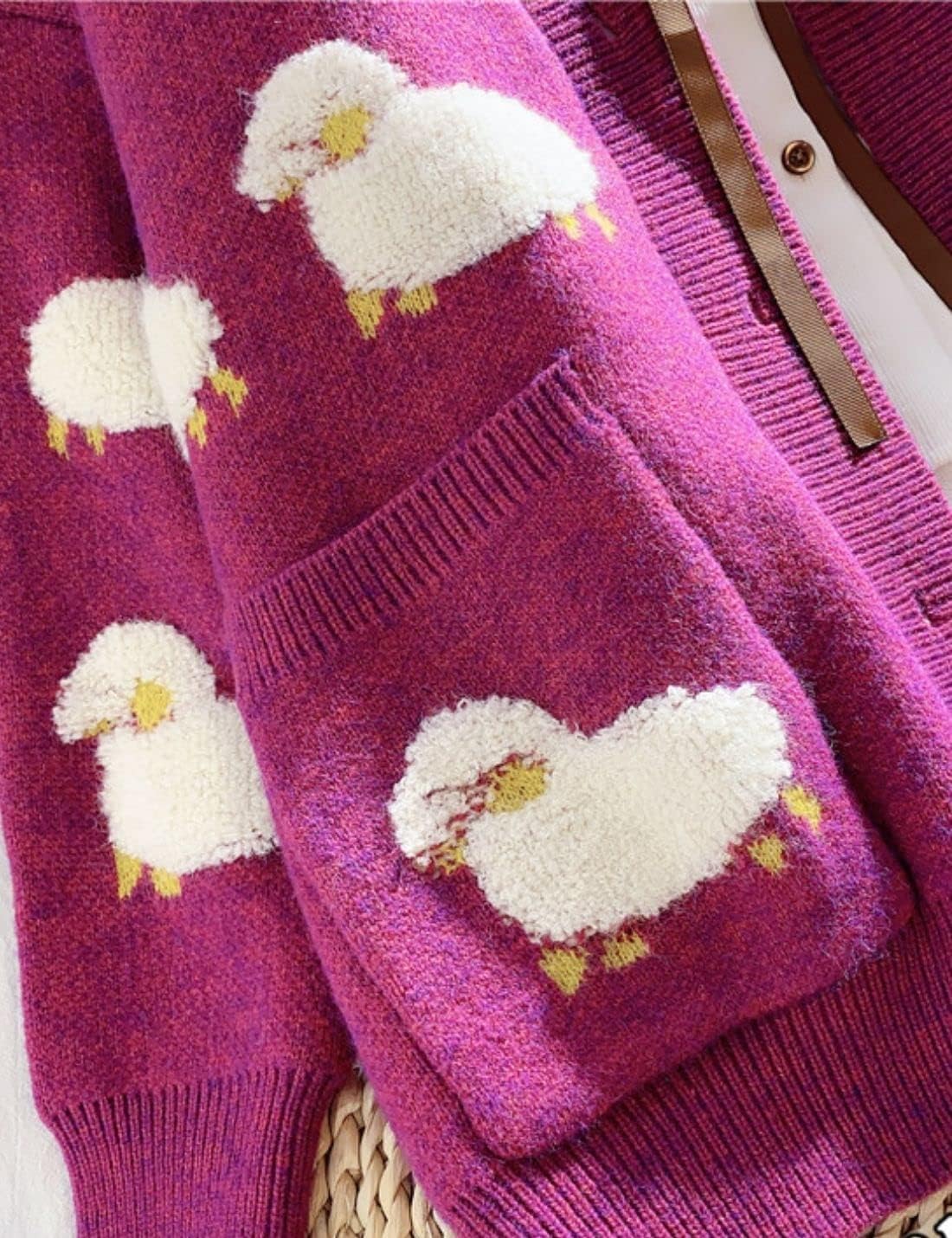 Unilexi Women's V Neck Button Long Sleeve Sweater Cartoon Sheep Cute Knitted Cardigan Coat with Pockets