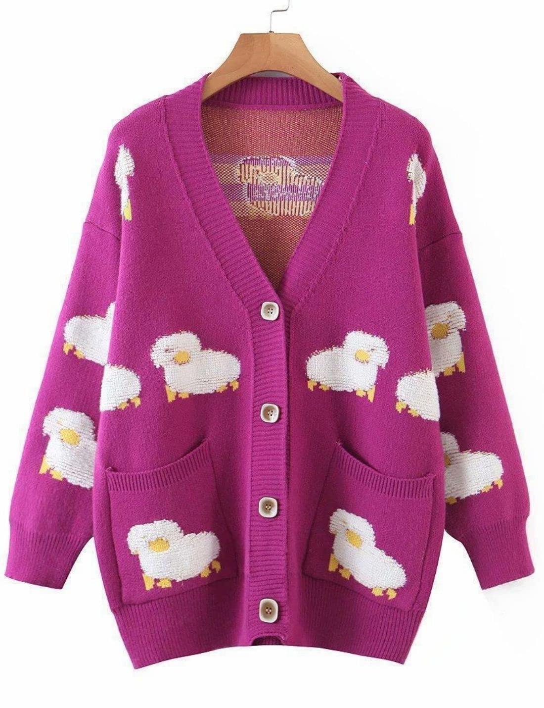 Unilexi Women's V Neck Button Long Sleeve Sweater Cartoon Sheep Cute Knitted Cardigan Coat with Pockets