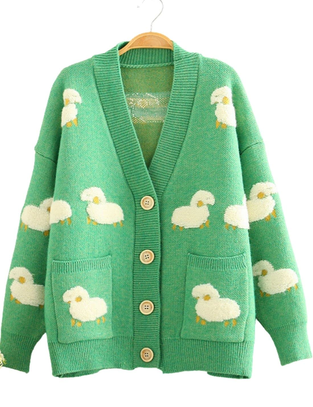 Unilexi Women's V Neck Button Long Sleeve Sweater Cartoon Sheep Cute Knitted Cardigan Coat with Pockets