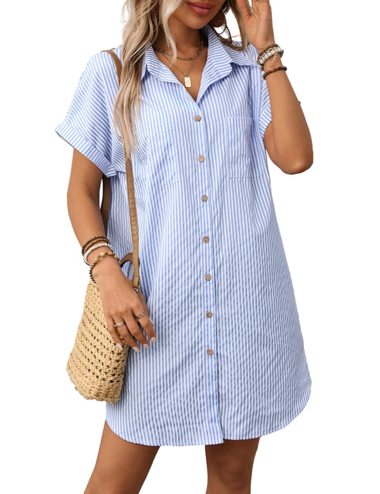 Unilexi Womens V-Neck Mini Shirt Dress Casual Button Down Short Sleeve Sundress for Women