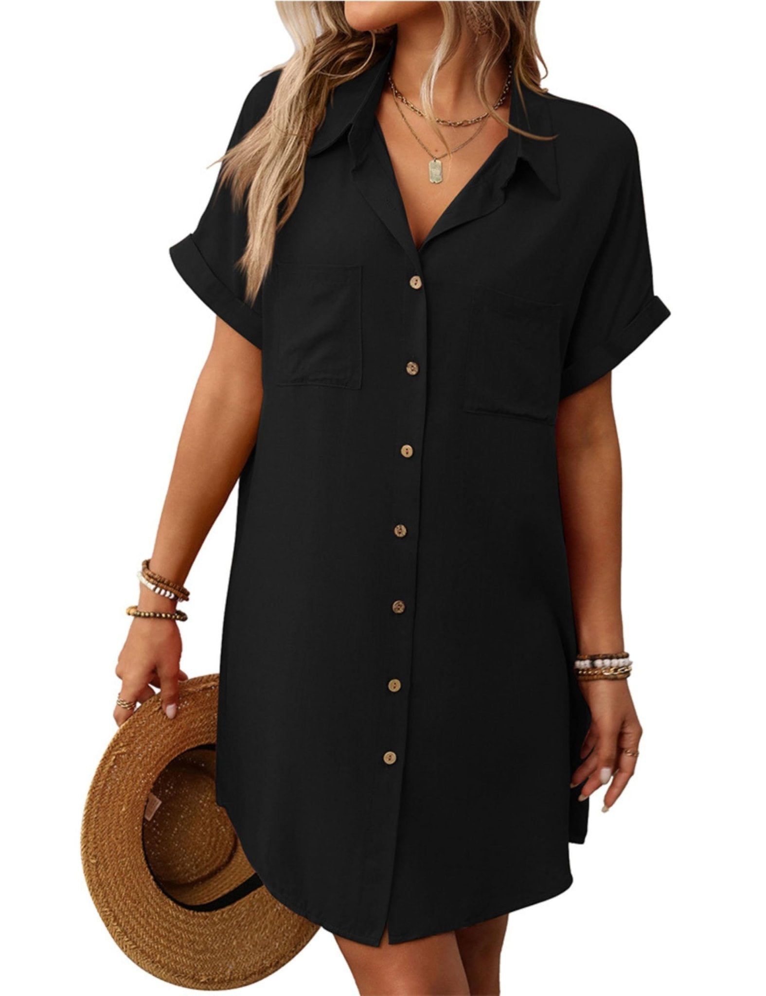 Unilexi Womens V-Neck Mini Shirt Dress Casual Button Down Short Sleeve Sundress for Women