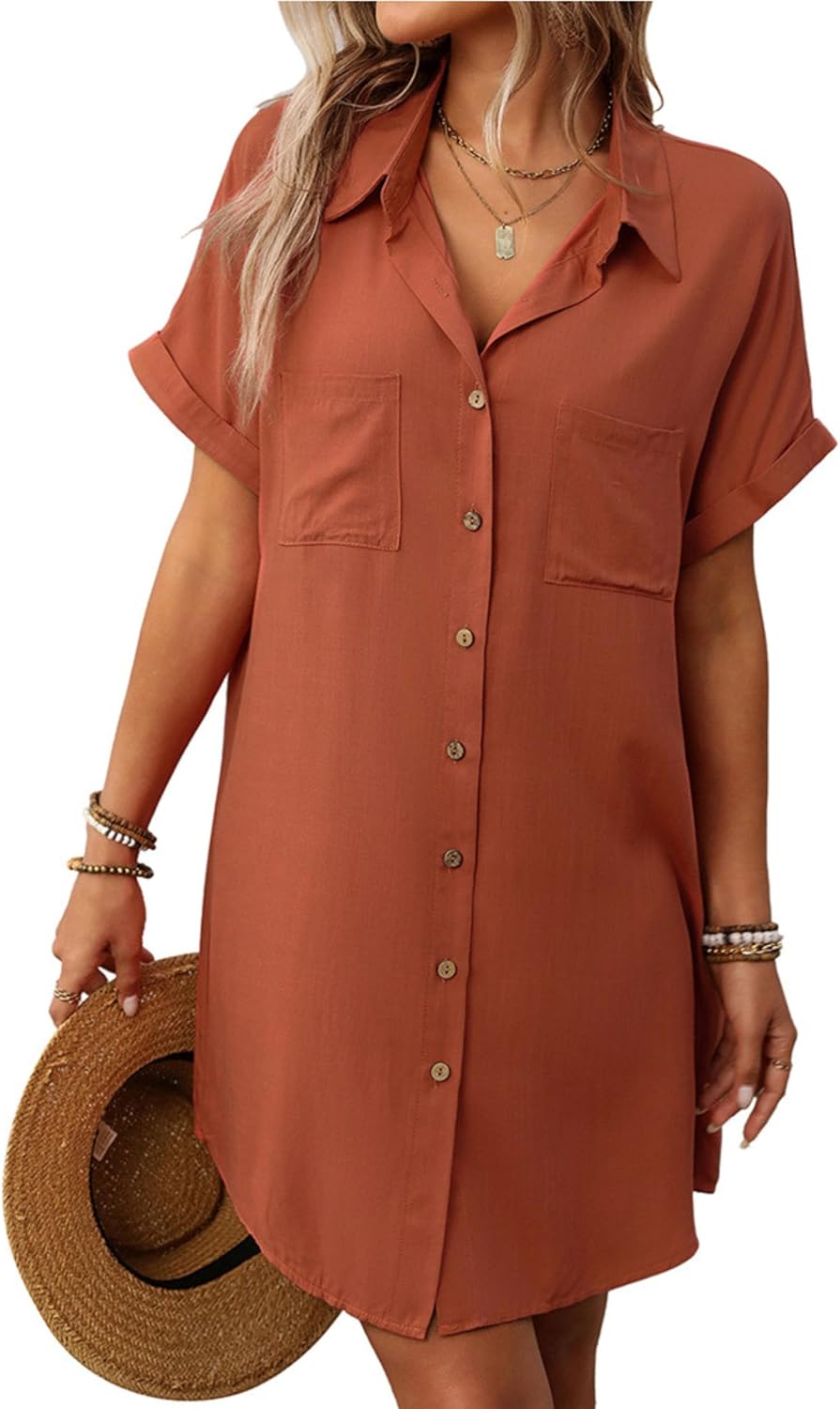 Unilexi Womens V-Neck Mini Shirt Dress Casual Button Down Short Sleeve Sundress for Women