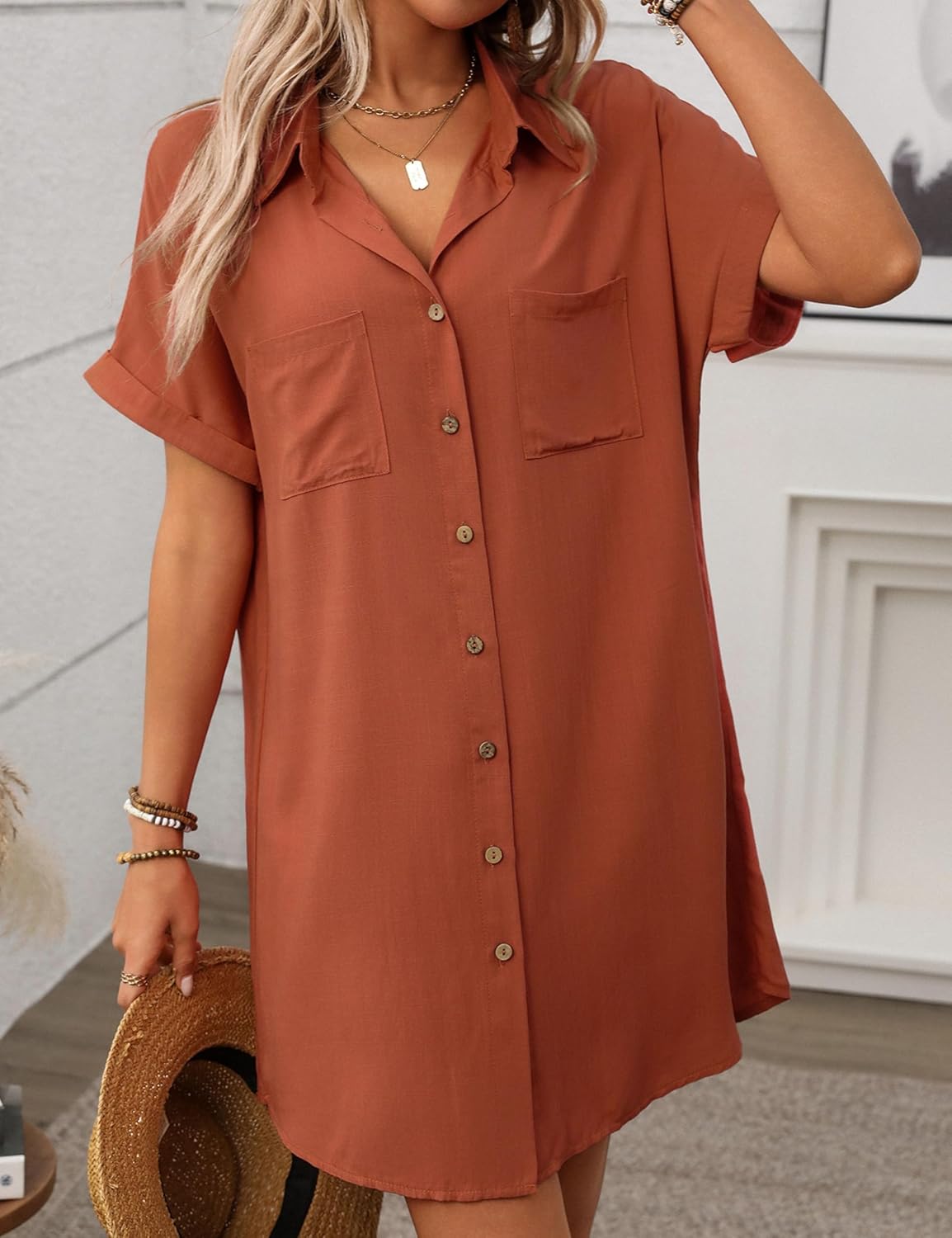 Unilexi Womens V-Neck Mini Shirt Dress Casual Button Down Short Sleeve Sundress for Women