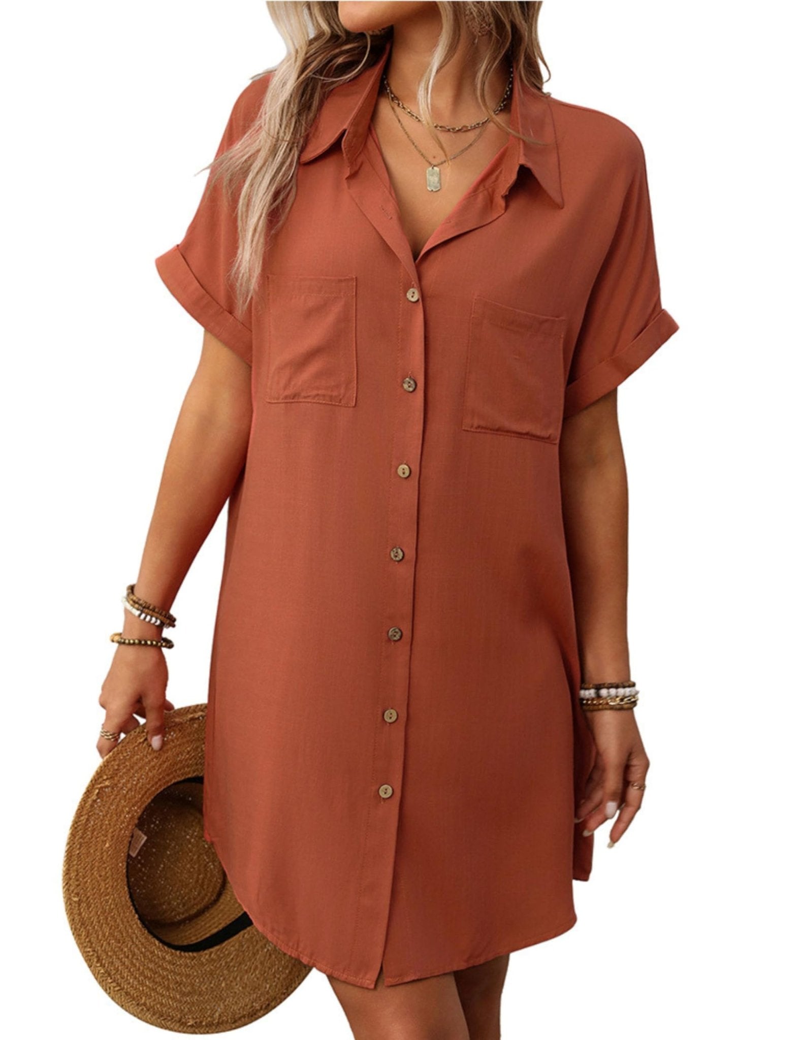 Unilexi Womens V-Neck Mini Shirt Dress Casual Button Down Short Sleeve Sundress for Women