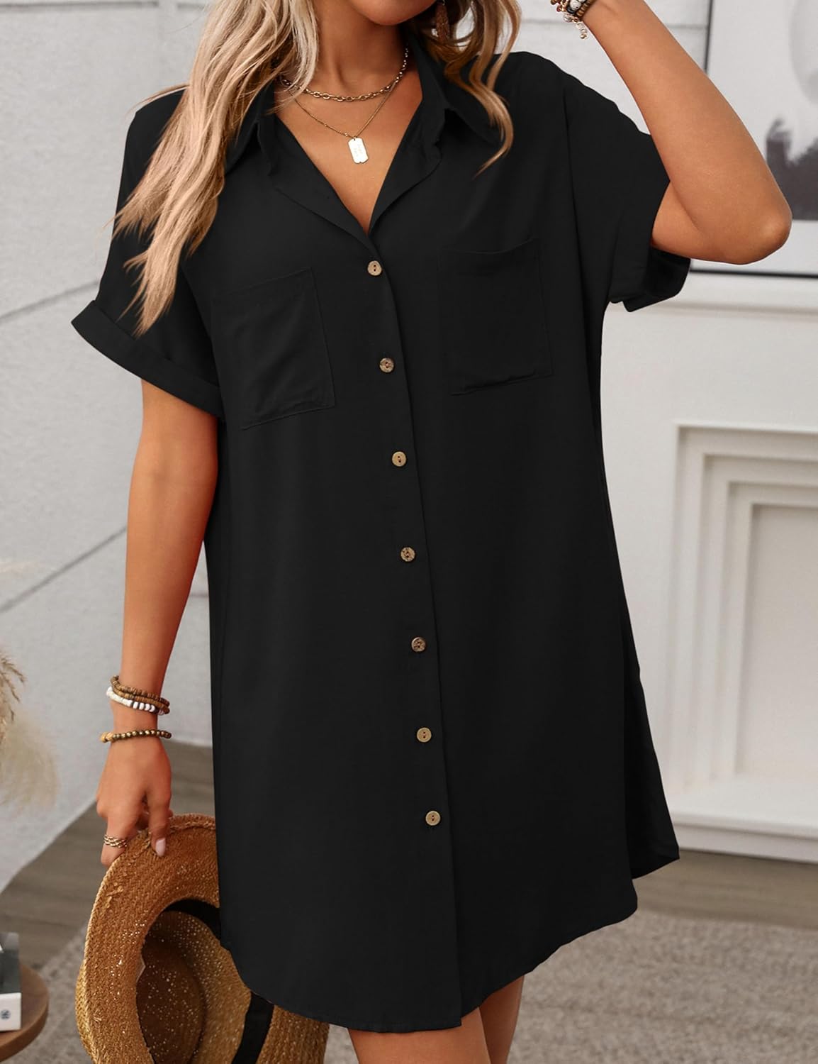 Unilexi Womens V-Neck Mini Shirt Dress Casual Button Down Short Sleeve Sundress for Women(0294-Black-L)