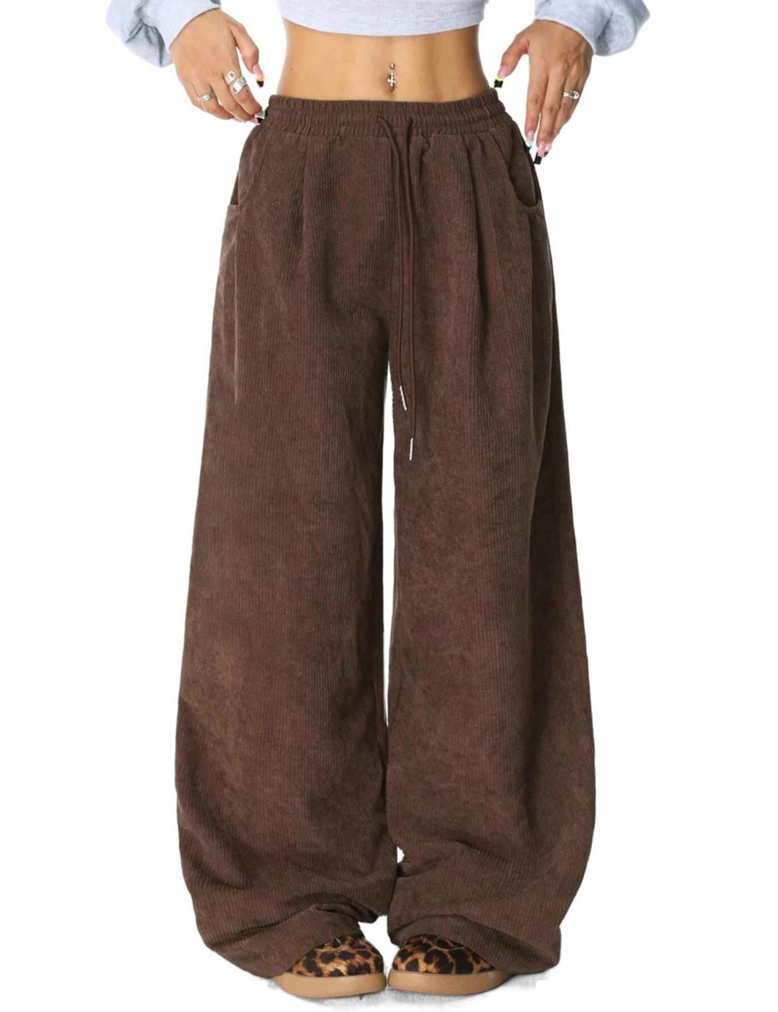 Unilexi Womens Wide-Leg Corduroy Pants with Drawstring Elastic Waist Casual Palazzo Pants Loose Fit