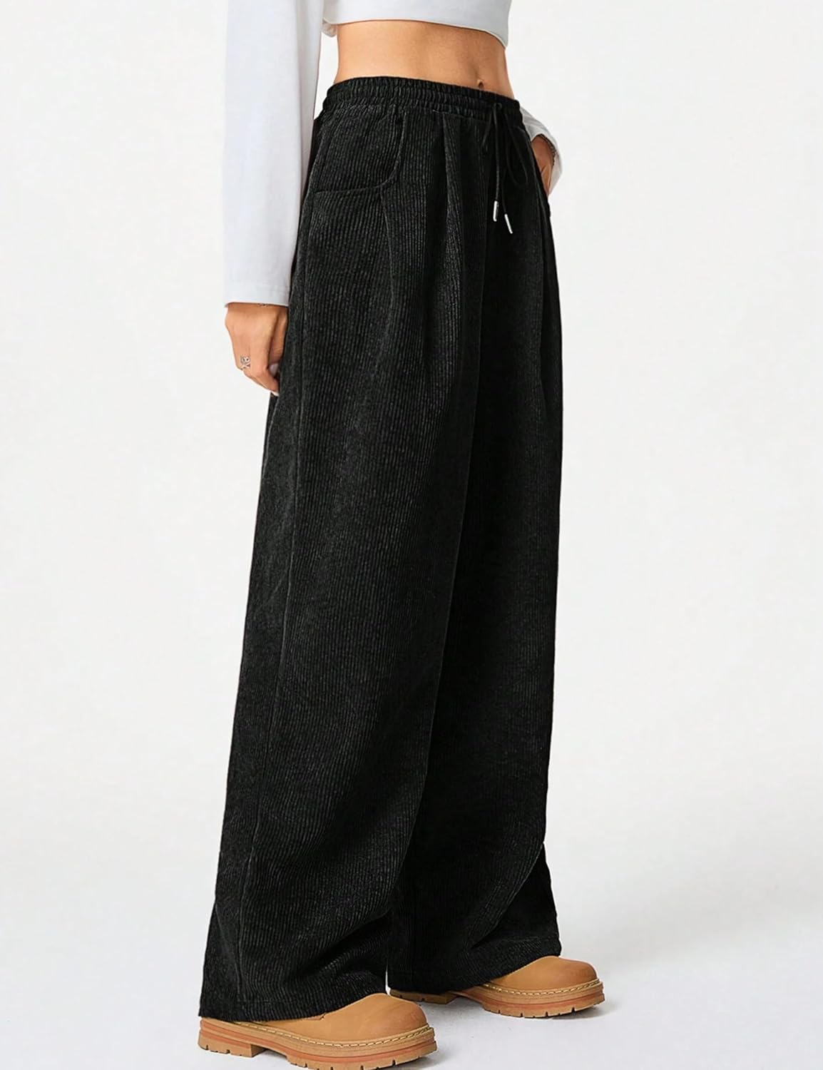 Unilexi Womens Wide-Leg Corduroy Pants with Drawstring Elastic Waist Casual Palazzo Pants Loose Fit