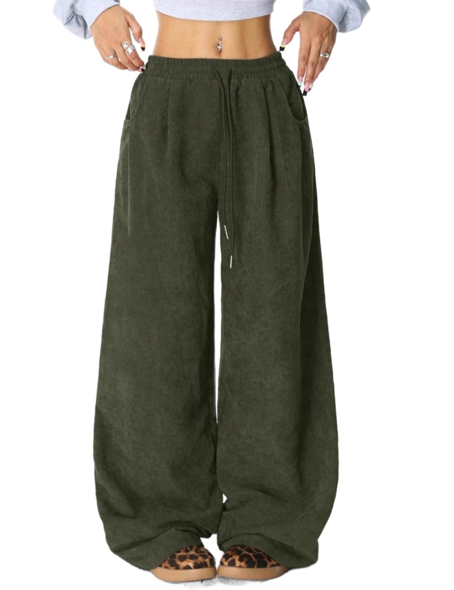 Unilexi Womens Wide-Leg Corduroy Pants with Drawstring Elastic Waist Casual Palazzo Pants Loose Fit