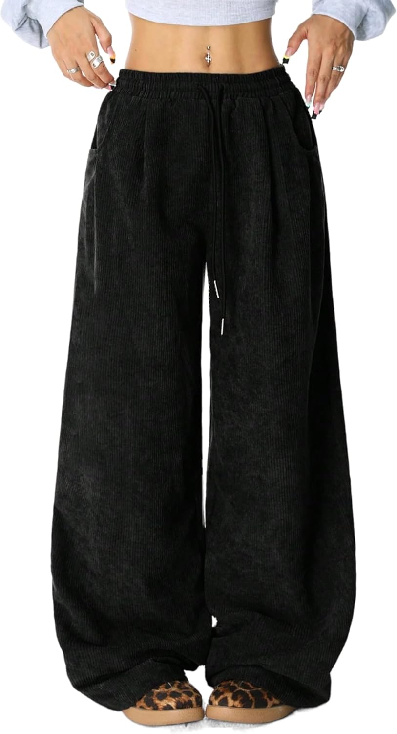Unilexi Womens Wide-Leg Corduroy Pants with Drawstring Elastic Waist Casual Palazzo Pants Loose Fit