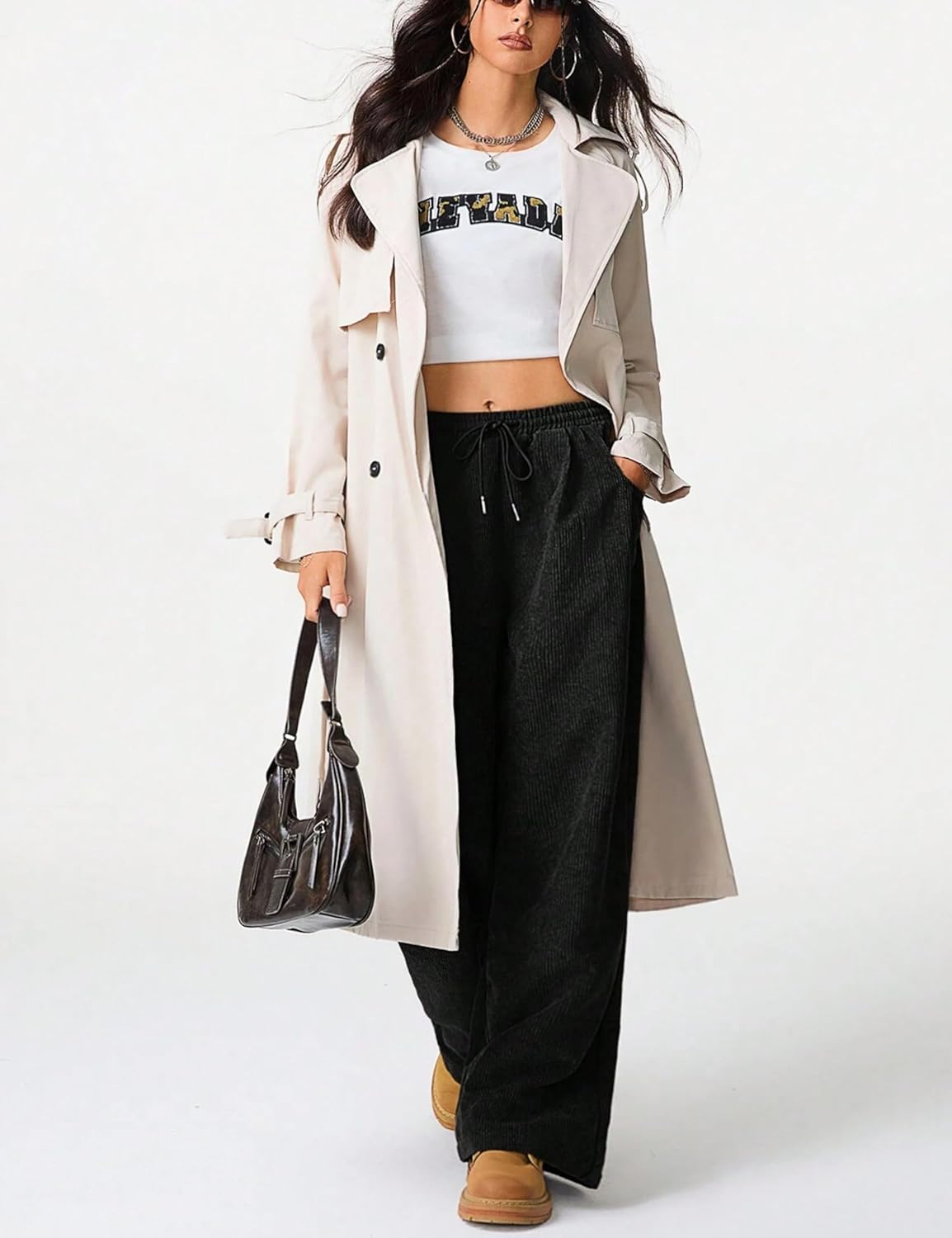 Unilexi Womens Wide-Leg Corduroy Pants with Drawstring Elastic Waist Casual Palazzo Pants Loose Fit