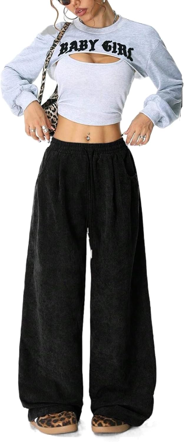 Unilexi Womens Wide-Leg Corduroy Pants with Drawstring Elastic Waist Casual Palazzo Pants Loose Fit